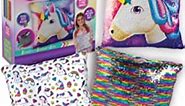 Sequin Unicorn Pillow for Girls - Reversible Double Sided Rainbow Doodle Sequined Pillows - Bedroom Decor Art - Creative Magic Glitter Pillow with 8 Markers