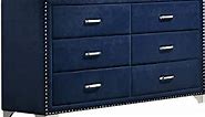 Benjara Cale 60 Inch Modern Glam Wood Dresser, 6 Drawer, Velvet, Nailhead, Blue, Chrome