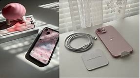 ପ꒰ ˶• ༝ •˶꒱ଓ 🌸🤍 iphone 15 (pink) — unboxing, setup, phone case 🦢🎀💐