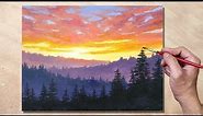 Acrylic Painting Sunset Forest Mountain Landscape