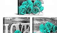 Teal Roses Floral Wall Art for Bathroom Home Decor Framed Canvas Prints Black&White Blue Rose Flowers Paintings Warm Family Pictures Posters Modern Artwork Homes Decorations Set of 3 Pieces 24x24