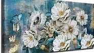 Arjun Flowers Canvas Wall Art White Elegant Modern Picture Gold Foil Rustic Painting Colorful Turquoise Floral Large Teal Artwork for Living Room Bedroom Bathroom Dining Room Home Office Decor 40"x20"