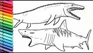 Megalodon Shark and Jurassic World Mosasaur Dinosaurs Color Pages - Drawing and Coloring Lessons