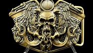 Belt buckle Route 66, Handmade biker solid brass belt buckle with motorcycle and skull