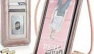 Small Crossbody Bag Cell Phone Purse for Women Men Leather Mini Shoulder Bag Wallet Case with Card Holder Slot Necklace Lanyard for All Smartphones iPhone Samsung Google up to 7.3" Rose Gold
