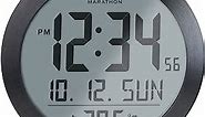 MARATHON 8-Inch Round Digital Wall Clock, Black/Stainless Steel - Large, Easy-to-Read Display - AM/PM or 24-Hour Time, Eight Time Zones, Indoor Temperature, Date