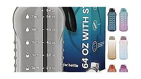AQUAFIT 64 oz Water Bottle With Time Marker - 2in1 Straw & Chug Lid - Big Water Bottle With Straw - BPA Free Gym Water Bottle With Handle - Water Jug (Gray)