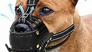 Dog Muzzle Leather, Pitbull Muzzle Amstaff Muzzles Staffordshire Terrier Secure Basket, Breathable and Adjustable Soft Muzzle for Medium Large Breeds Anti Biting Barking Chewing (Black, L)