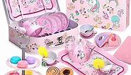 Auney 36 PCS Tea Set Toys for Girls,Tin Tea Party Toy Pretend Play for Little Girls,Kids Real Littles for Tea Time with Tea Filter Bags and Lemon Slices (Unicorn Toy)