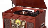 3-Speed Bluetooth Turntable with Stereo Speakers, CD/Cassette Player, FM Radio and Wireless Music Streaming - Mahogany