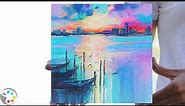 Sunset over Water Painting / Skyline Acrylic Painting / Step-by-Step Tutorial