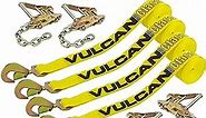 VULCAN 8-Point Roll Back Vehicle Tie Down Kit with Snap Hook on Strap Ends and Chain Tail on Ratchet Ends - Set of 4 - Classic Yellow