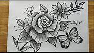 how to draw flowers & butterfly with pencil sketch,rose flower drawing,butterfly drawing,