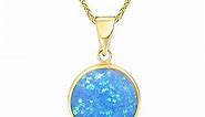 14K Gold Blue Opal Necklace - 14K Solid Yellow Gold Dainty Pendant with October Birthstone, Simple 12mm Large Size Round Opal Gemstone - Delicate Handmade Jewelry for Classy Women