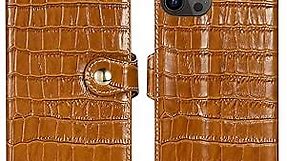Genuine Leather Wallet Case for iPhone 12 Pro/iPhone 12,Classic Crocodile Pattern Real Leather Flip Stand Case Cover with Card Slot Brown