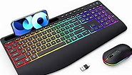 Wireless Keyboard and Mouse RGB Backlit- 2.4G Rechargeable Keyboard Full-Size with Phone/Tablet Holder, Silent Ergonomic Wireless Keyboard Mouse Combo for Computer, PC, Laptop