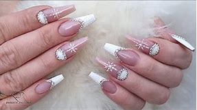 Winter French Manicure Nails with snowflakes and crystals. 😍💎 Winter nail art. Fiber Gel Nails