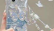 LUSAMYE iPhone 15 Plus Cute Blue Butterfly Case Glitter Sparkle Sparkly Cute Girly Phone Case for Women Girls + Crystal Chain - Blue