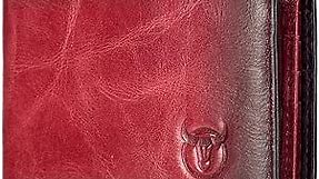 BULLCAPTAIN RFID Wallets for Men Slim Bifold Genuine Leather Front Pocket Wallet with 2 ID Windows QB-05 (Crimson)