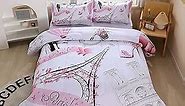 Romantic Pink Paris Style Comforter Set for Girls and Teens, Twin Size Sweet Couple Paris Tower Bedroom Themed Bedding Comforter with 2 City Landscape Patterned Pillowcases-68 x86(Twin, Pink)
