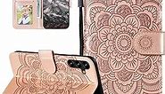 EYZUTAK Case for Samsung Galaxy A15 4G/5G, Premium Leather Magnetic Closure Flip Wallet Phone Case with Card Holder Cash Slot Stand Function Embossed Mandala Flower Shockproof Lanyard Cover -Rose Gold