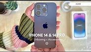 iPhone 14 & 14 Pro (blue & deep purple) aesthetic + asmr unboxing and accessories | shot on 14 pro