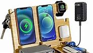 Nightstand Charging Station, 27W Fast Charging Wireless Charger Stand for iPhone/iWatch/Airpod/Samsung, Bamboo Phone Docking Station for Multi Devices, Desk Nightstand Organizer Gifts for Men