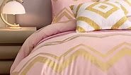 7PCS Gold and Pink Comforter Set,Pink Comforter Queen,Metallic Blush and Rose Gold Pink Bedding Set Queen,Bed in A Bag Queen for Teen Girls Women,Bedroom Decoration Queen Pink/Rose Gold