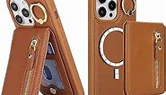 iPhone 14 pro max case with Card Holder, iPhone 14 pro max Phone Case Wallet for Women magsafe Compatible Wallet Detachable 2-in-1 for Men-Brown