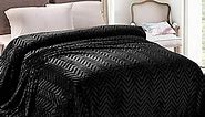 Whale Flotilla Flannel Fleece King Size Bed Blanket, Soft Velvet Lightweight Bedspread Plush Fluffy Coverlet Chevron Design Decorative Blanket for All Season, 90x104 Inch, Black