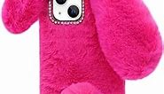Omorro Compatible with iPhone 13 Case Plush Rabbit Case for Women Girls Soft Warm Fluffy Furry Bunny Ear Fur Phone Case Protective Bling Crystal Rhinestone Bow Knot Diamond Case Dark Grey