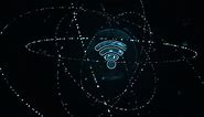 Blue WIFI logo with particle ring circle rotation and earth sphere with ai technology icons
