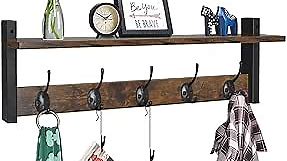 Homode Coat Rack with Shelf Wall Mount, 24 Inch Long Entryway Wall Shelf with Hooks, Wood Hanger with Storage Shelf for Bathroom, Hallway, Rustic Brown Black