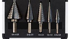 ZELCAN Step Drill Bits, HSS 5PCS Titanium Step Drill Bit Set, 50 Sizes in 5 High Speed Steel Unibit Drill Bits Set for Sheet Metal with Aluminum Case, Multiple Hole Stepped Up Bits for DIY Lovers
