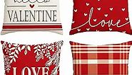 AVOIN colorlife Valentine's Day Red and White Love Throw Pillow Covers, 20 x 20 Inch Hello Valentine Plaid Wedding Cushion Case Decoration for Sofa Couch Set of 4