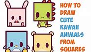 How to Draw Cute Kawaii Animals from Squares Easy Step by Step Drawing Tutorial for Kids