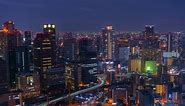 Time lapse Aerial view of Beautiful Osaka City At Night.