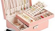 Jewelry Organizer Box, Leather Jewelry Box for Girls Gift Earring Organizer with Lock Double Layers Jewelry Case Removable Tray for Necklace Earring Ring with Polishing Cloth and Jewelry Bags