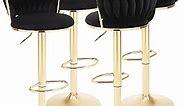 HANLIVES Velvet Bar Stools Set of 4,360° Woven Modern Gold Bar Stools,Swivel Adjustable Height Barstools with Backs Gold Metal Tall Kitchen Counter Chairs for Bar Pub Cafe(Black*4)