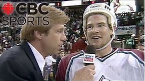 Scott Russell talks to Avalanche’s Game 5 hero Adam Deadmarsh in 1997 after eliminating the Oilers