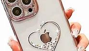 KERZZIL Bling Glitter Heart Compatible with iPhone 14 Pro Max Case, Cute Women Girls Sparkly Full Camera Protector Designed Phone Cases, Girly Golden Plating Phone Cover(Rose Gold)