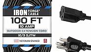 Iron Forge Cable Weatherproof Outdoor Extension Cord 100 ft, 16 Gauge Black Extension Cord 3 Prong for Outside, SJTW Exterior Power Cable for Outdoor Lights, Lawn & Landscaping - US Veteran Owned