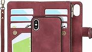 iCoverCase for iPhone X/XS Wallet Case with Card Holder and Wrist Strap, PU Leather Kickstand Card Slots Zipper Pocket Magnetic [Detachable] Flip Cover Case 5.8 Inch (Claret)