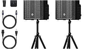 PA Bluetooth Speaker 15" (Pair) Bundle with 2X Steel Speaker Stand,Dual Speaker PA System, Active DJ/PA Speakers Package with Mic,Big Speakers Support Guitar/USB/FM/AUX