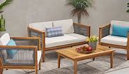 Noble House Teak Finish Acacia Wood Outdoor Lounge Chairs with Cream Cushion (2-Pack) 67132