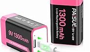 9V Rechargeable Batteries, 1300mAh High Capacity Lithium-ion Long Lasting 9 Volt Batteries with 2 in 1 USB C Fast Charging Cable for Smoke Alarms,Microphone,Multimeters,Toys,Game Controllers (2 Count)