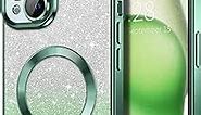 Hython for iPhone 15 Case Clear Magnetic Glitter Phone Cases [Compatible with MagSafe] Full Camera Lens Protector Slim Gradient Sparkle Luxury Plating Shockproof Protective Cover Women Girls, Green