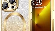 Hython for iPhone 13 Pro Case Clear Magnetic Glitter Phone Cases [Compatible with MagSafe] Full Camera Lens Protector Gradient Sparkle Luxury Plating Shockproof Protective Cover Women, Square/Gold