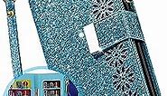 Samsung Galaxy A20 Case Wallet for Women/Girl with Card Holder, Kudex A30 Girly Flip Folio Glitter Sparkly Bling Leather Zipper Pocket Magnetic Kickstand Phone Case Purse with Wrist Strap(Blue)