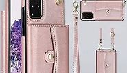 Asuwish Phone Case for Samsung Galaxy S20 Plus S20+ 5G Wallet Cover with RFID Blocking Credit Card Holder Wrist Crossbody Strap Cell Accessories S20+5G S20plus 20S + S2O S 20 20+ G5 Women Rose Gold